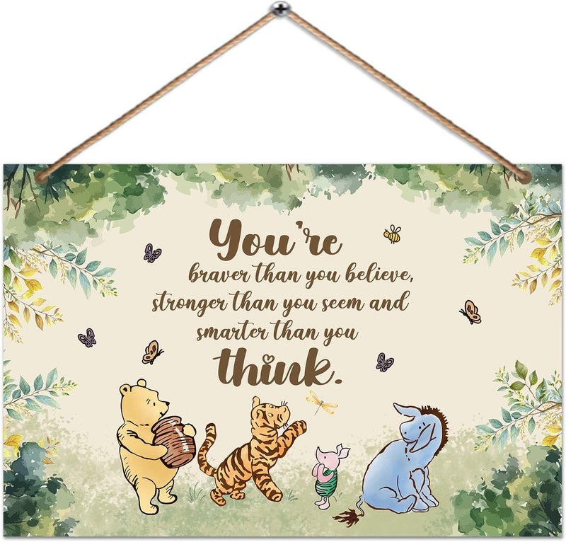 Hatzelou 1PCS Winnie Quotes Baby Shower Sign, the Pooh Wall Hanging Sign, You're Braver Than You Believe Wall Gifts, Perfect for Nursery Home Bedroom, Baby Shower Party Supplies - Image 1